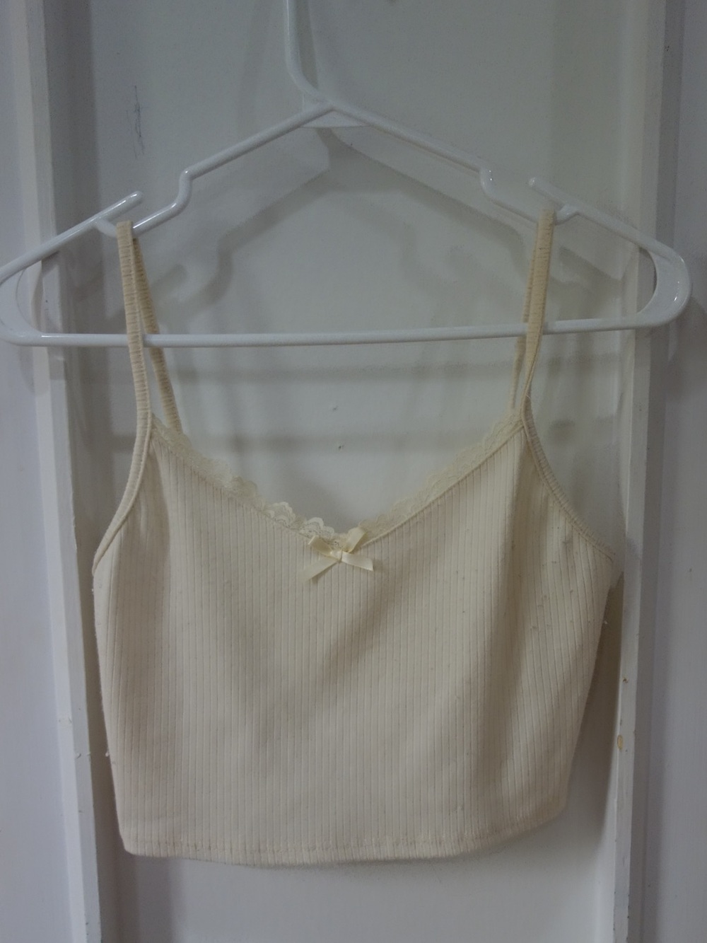 Urban Renewal Cream Ribbed Lace-Trim Cropped Cami